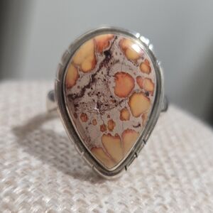 Silver and Orange Sea Sediment Jasper Teardrop Ring
